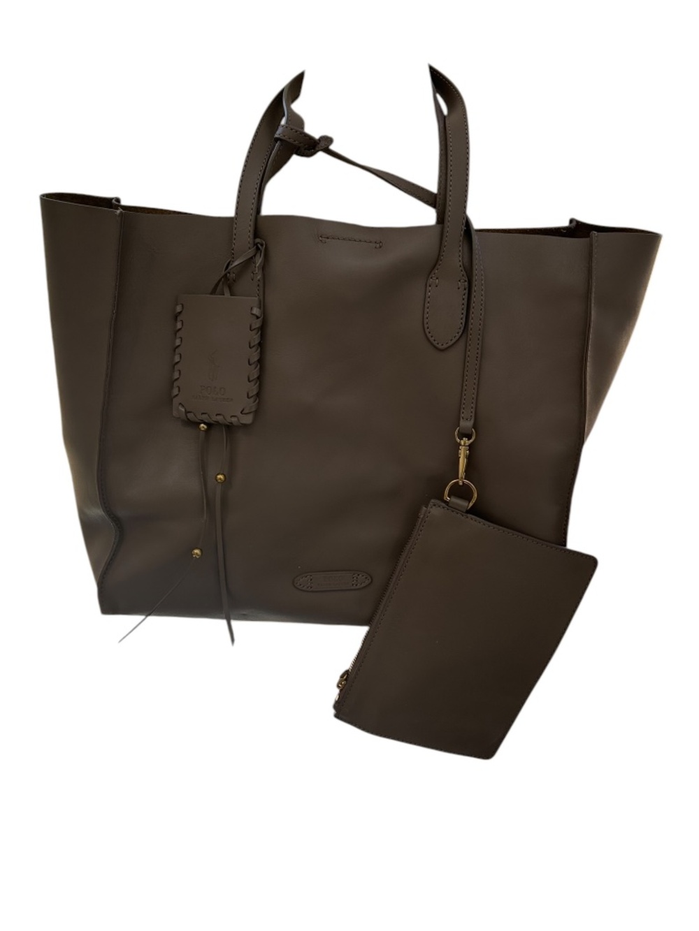 Polo Ralph Lauren taupe leather classic tote bag purse with zip pouch hangtag